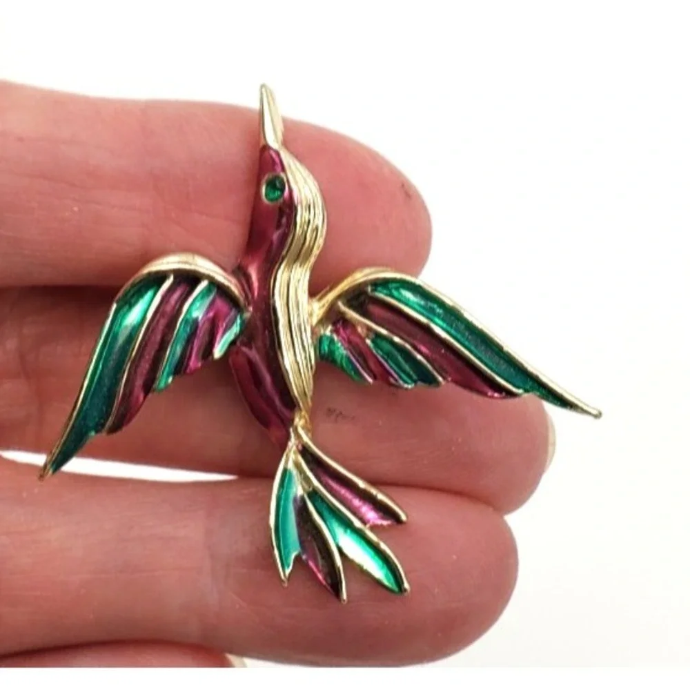 Vintage Pink Green Enamel Hummingbird w Green Eye Brooch Pin